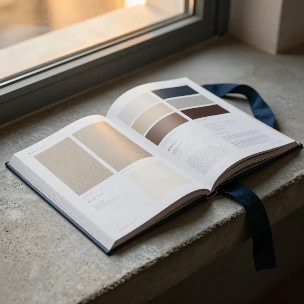Brand manual, swatch cards, and linen ribbon on a concrete bench in warm window light.