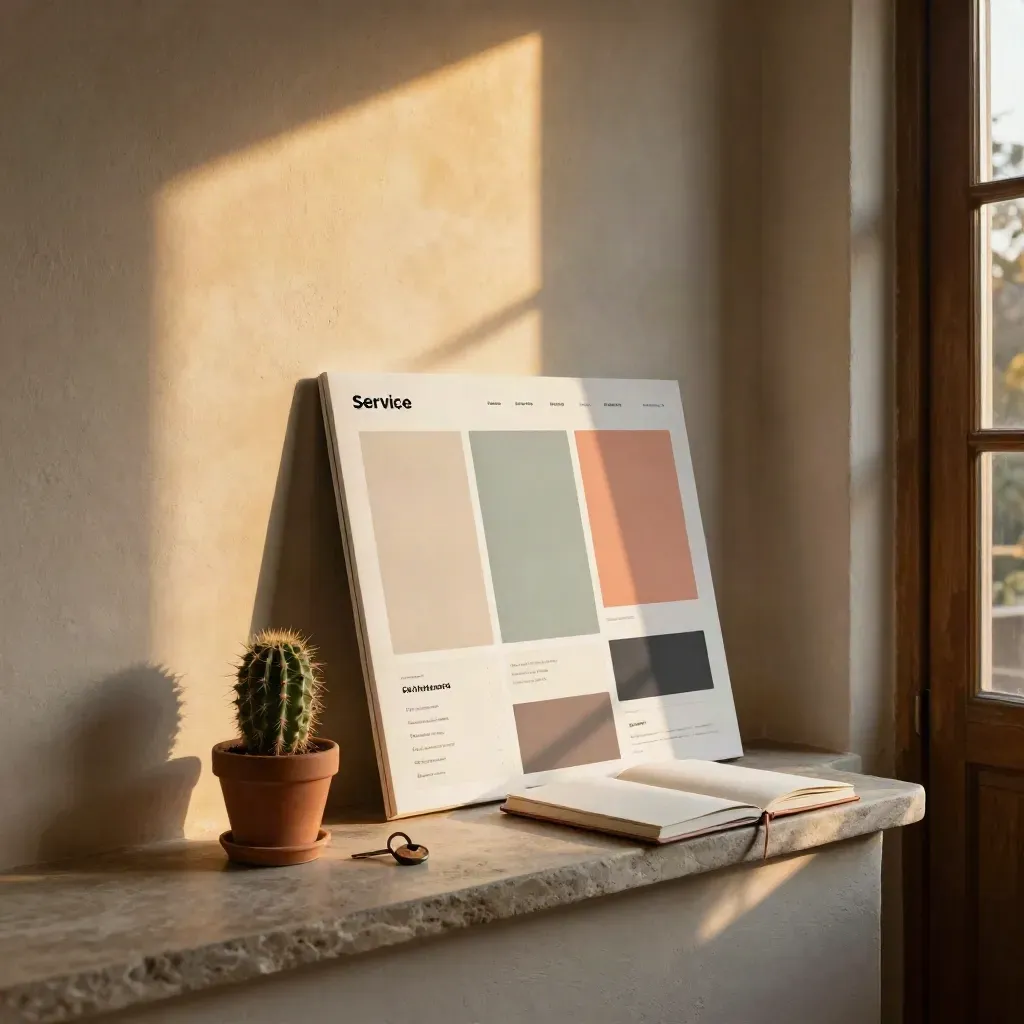 Sunlit doorway scene with a website mockup, cactus, keys, and notebook in dusty evening air.