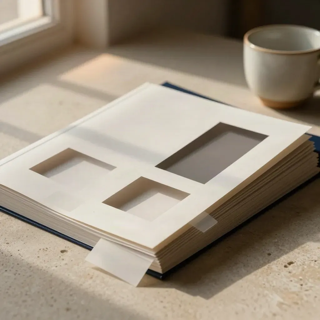 Macro of layout mockup sheets, adhesive tabs and a ceramic cup on a pale stone desk